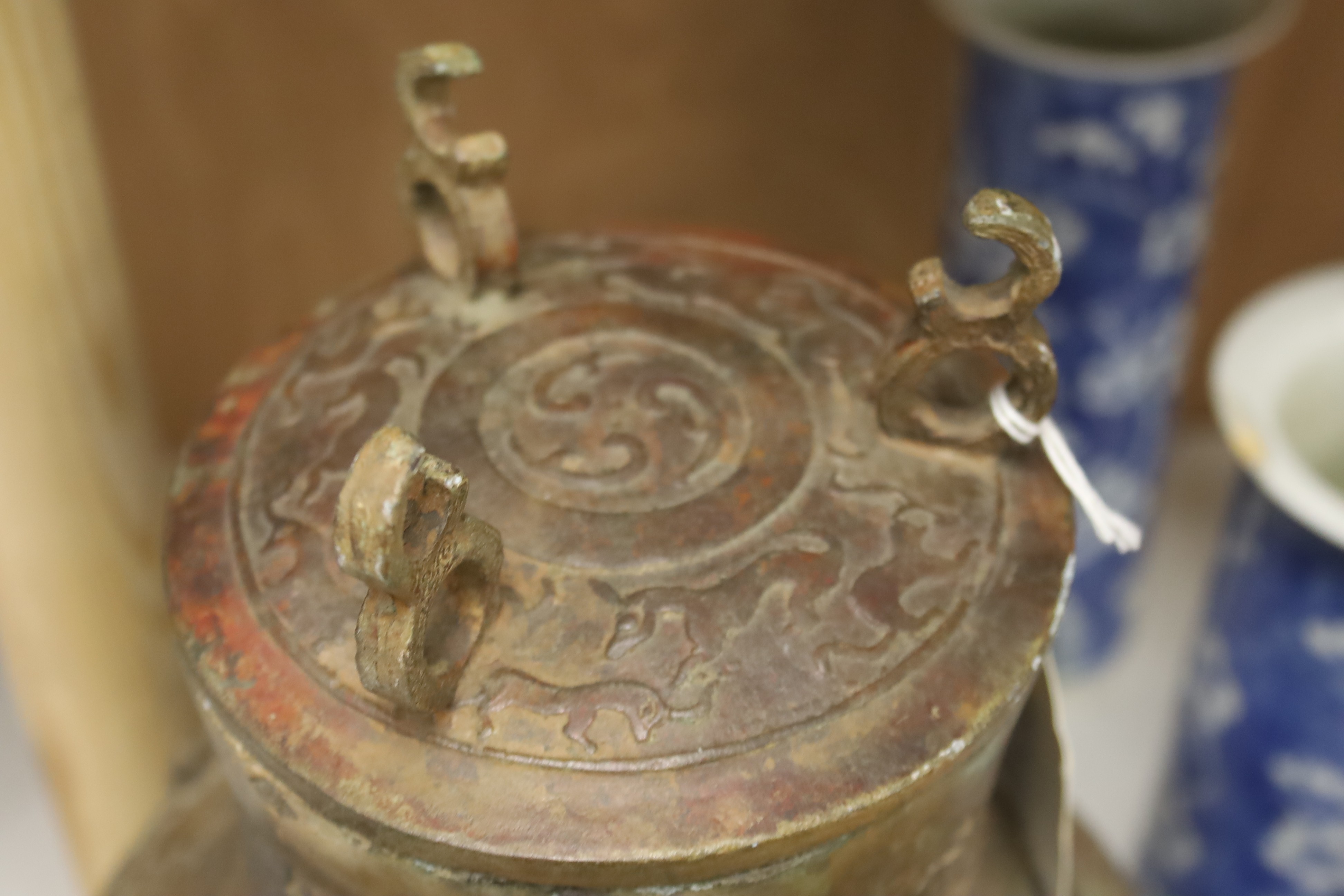 A Chinese cast bronze jar and cover, height 40cm